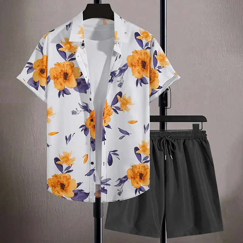 Mens new 3D printed floral shirt,mens collar button short sleeved+shorts,casual 2-piece summer beachshorts,Hawaiian stylemensset
