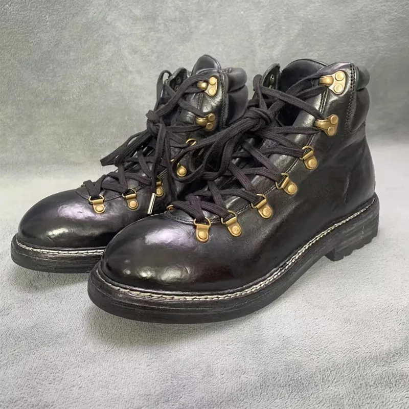 

Handmade Vintage Men Ankle Boots Genuine Leather Thick Sole Outdoor Work Shoes Non-slip Wear-resistant Hiking Motorcycle Boots