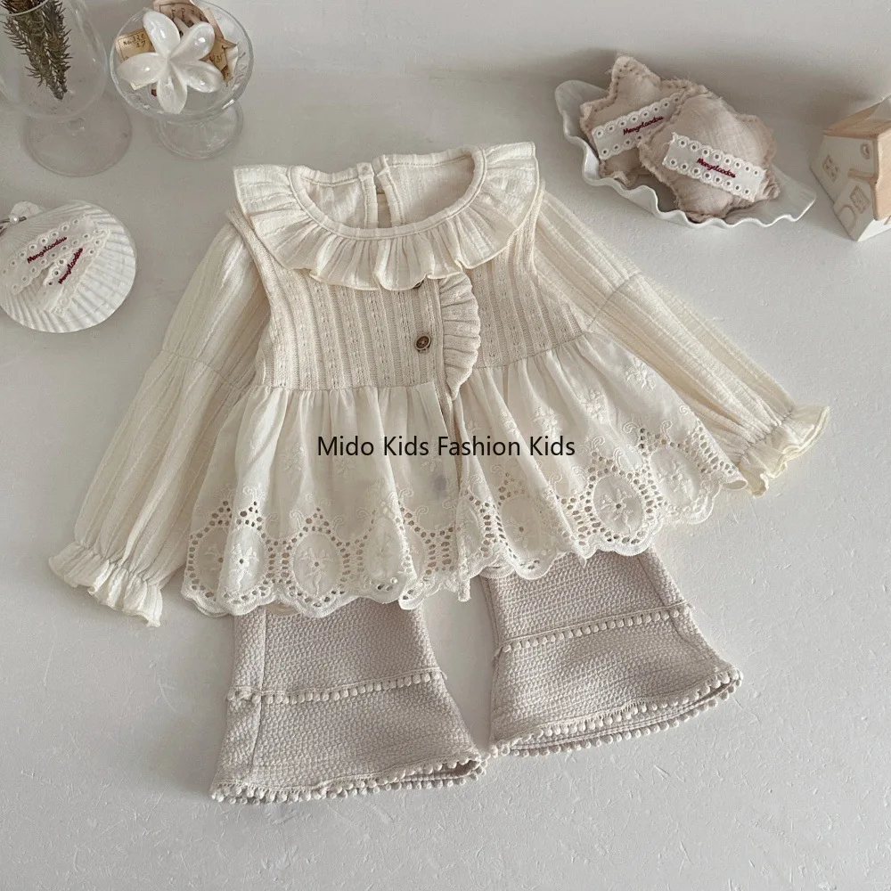 Autumn Winter Baby Girl Vest Double Layer Rib Jacquard Lace Trim Sleeveless Waistcoat Single Breasted Infant Toddler Outerwear