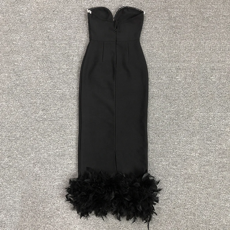 GORAFASHION Hot Style Black Feather Strapless Sexy Bandage Dress Evening Dress Sexy V-neck Crystal Party Dress