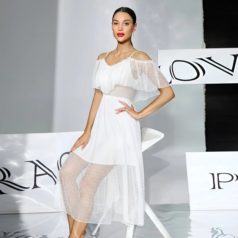2026 Hot Selling New Lazy Polka Dot Mesh off Shoulder Waist Mid Length Home Casual Nightgown