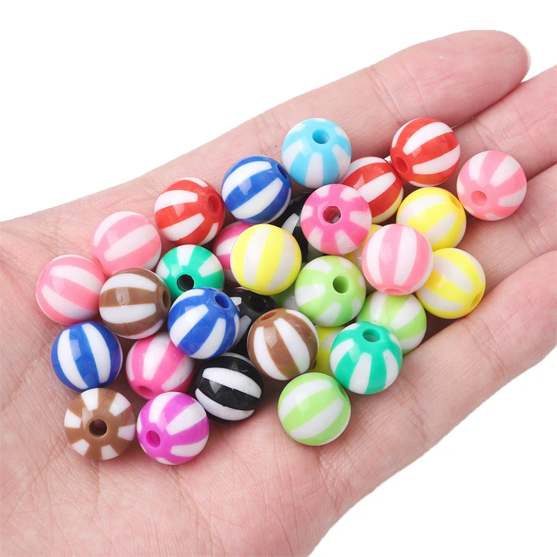 10Pcs 12mm Mix Color Round Acrylic Stripe Spacer Beads for Jewelry Making Children Handcraft Department DIY Accessories