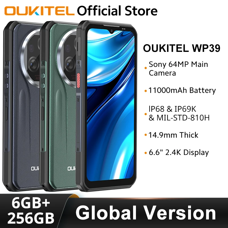 Oukitel WP39 5G robuuste smartphone 6GB + 256GB 6,60 "FHD + 64MP camera 11000mAh mobiele telefoon Android 14 MTK Afmeting 6100+ Octa Core