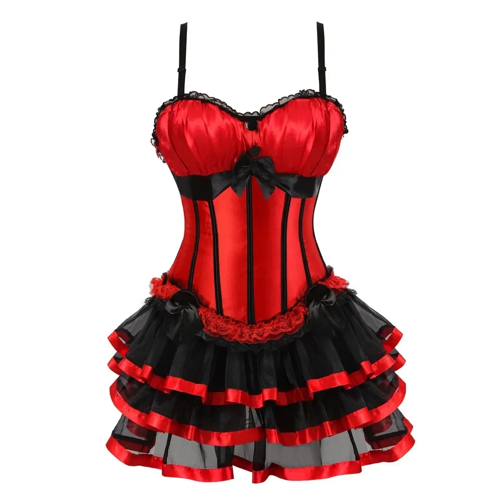 Wiktoriański czerwony satynowy gorset z warstwową tiulową spódnicą Kobiety Gothic Burlesque Bustier Dress Halloween Show Girl Rave Costu