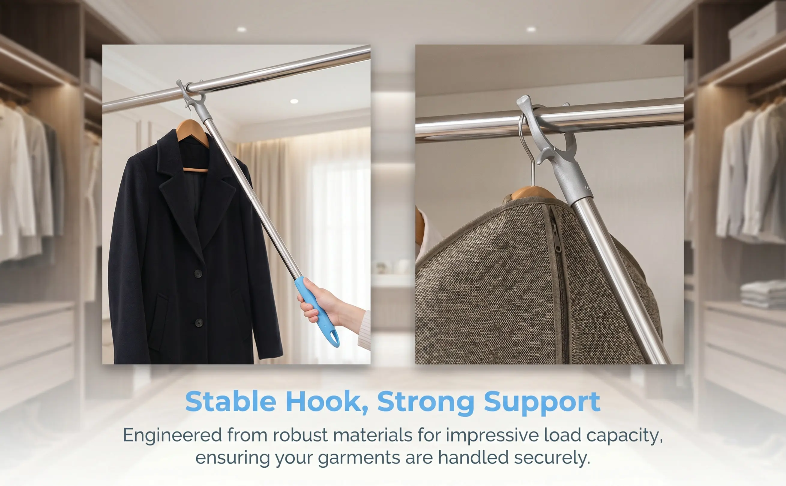 Household Garment Pole Stainless Steel Aluminum Clothes Drying Rod Easy Carry Sturdy Reach Stick for Wardrobe Balcony