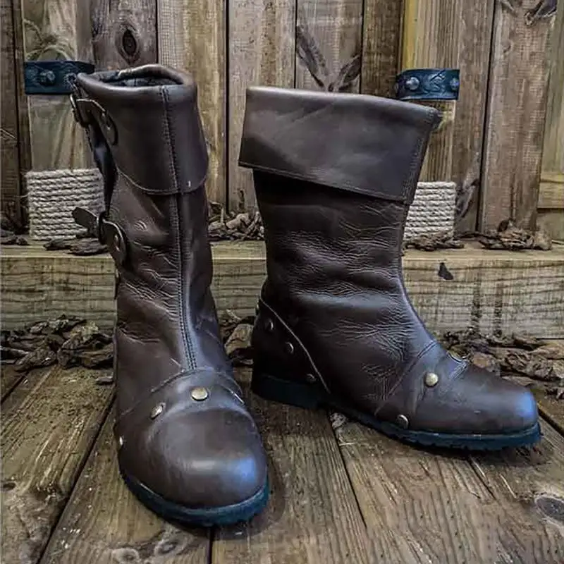 Herren Retro PU-Leder Halbhohe Stiefel mit Nieten und Schnallendetails, Lässiges Design, Klobige Sohle, Casual Outdoor Western-Stiefel – Detail 3