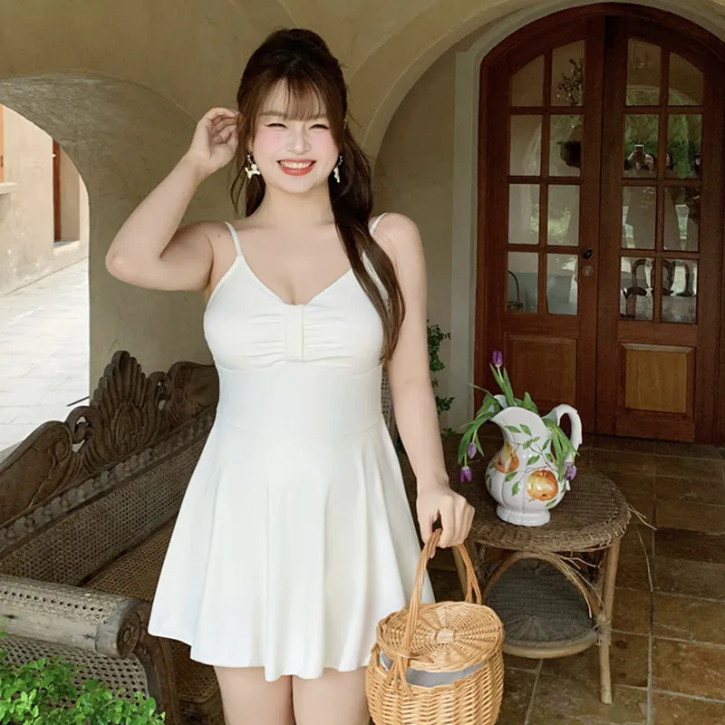 Korean Y2k Plus Size One-piece Swimsuit White Beach Dress with Built-in Shorts Long Sleeve Cover Ups Swimwear Women Bathing Suit