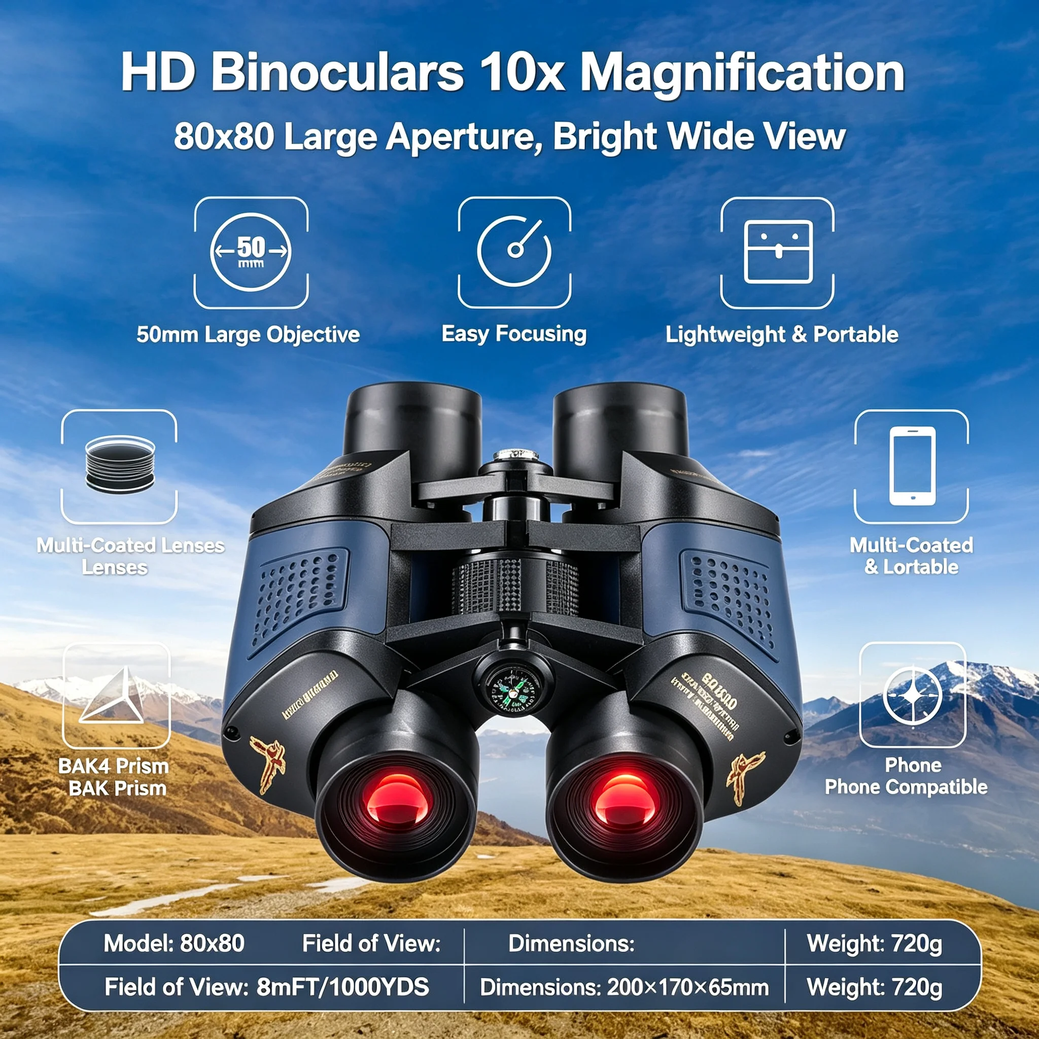 Adult Night Vision Binoculars 60x60 1000M Professional Waterproof High-Power Optical Binoculars