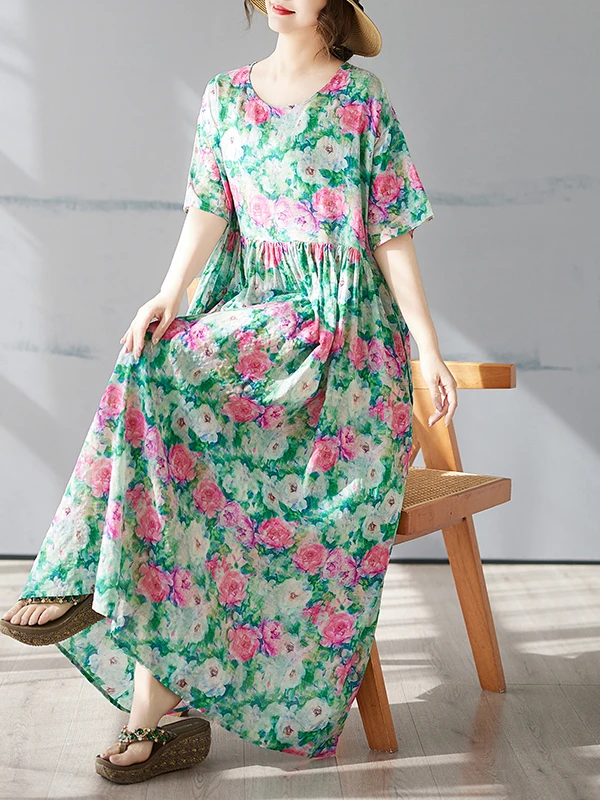 Amarelo floral impressão n longo dr verão novo plus size ort sve redondo ne impressão feminino dr algodão linho material