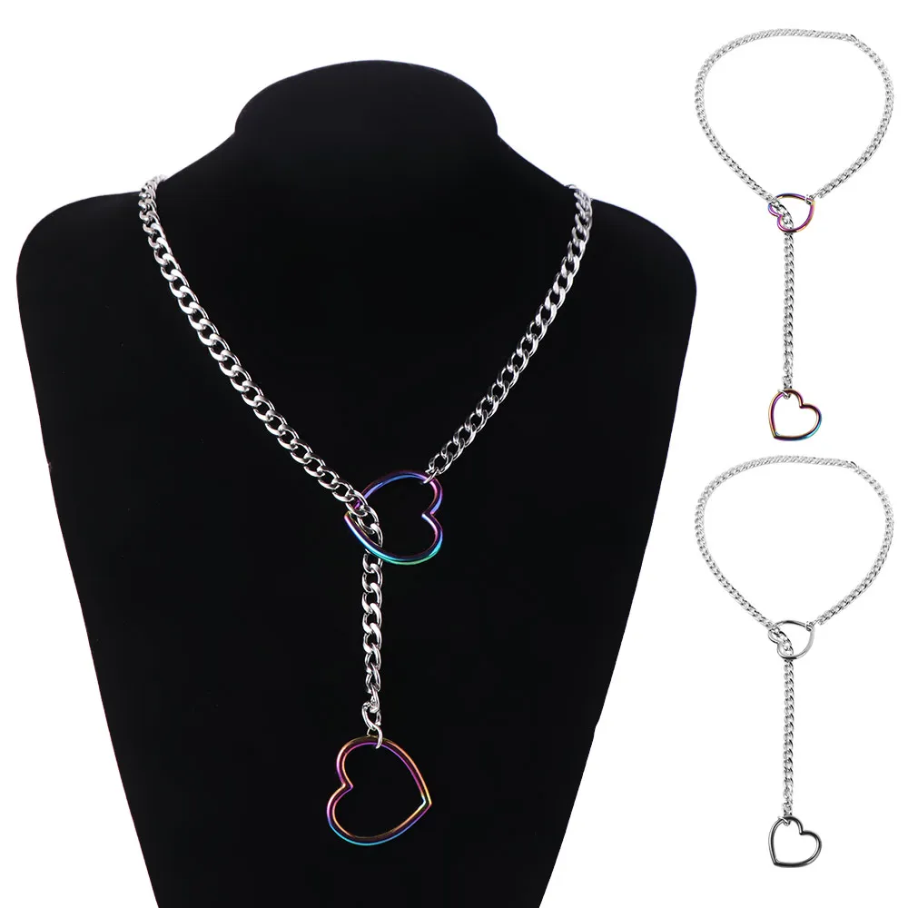 Adjustable Cuban Link Necklace Long Punk Heart-shaped Necklace Stainless Steel Rock Style O-ring Clavicle Chain Party Jewelry