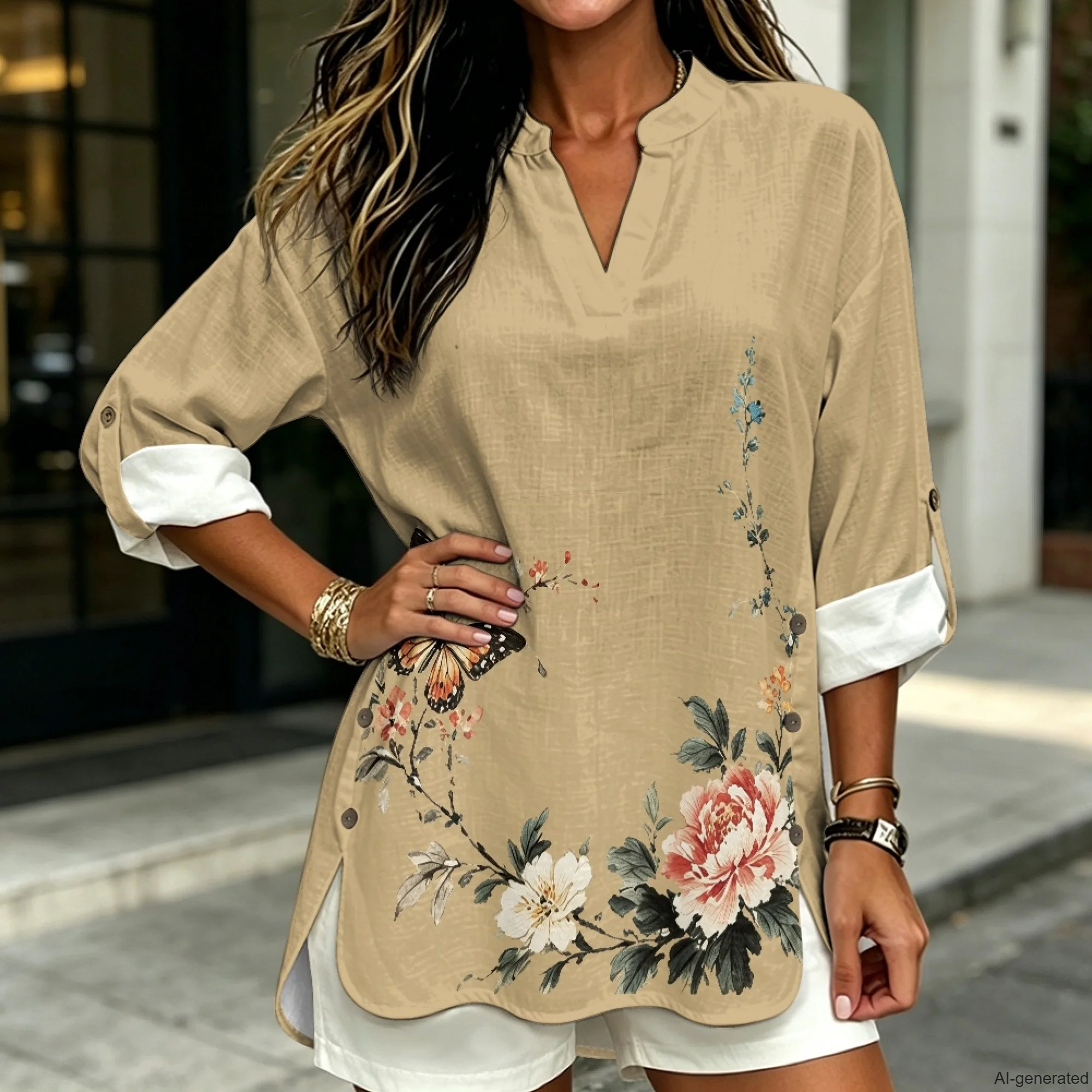 

INSTANTARTS Women's Blouses and Shirts Women's Linen V-neck Shirt Roupas Feminina Chinese Clothes Y2k Kawaii Long Sleeve Shirts