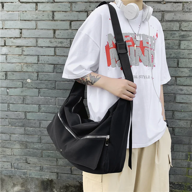 

Trendy Cool College Student Couple Shoulder Bag Large Capacity Men Casual Crossbody Bag Solid Color Flip Cover Women School Bag