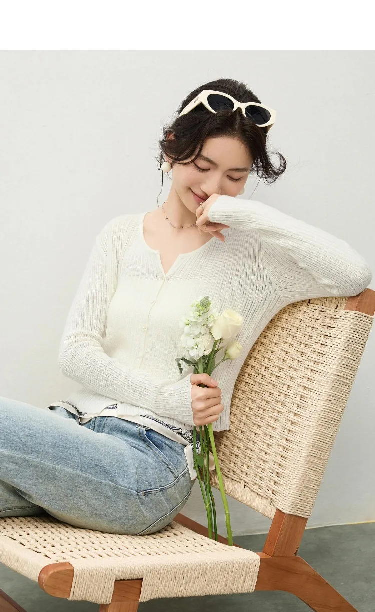 SENTUBILA Damen-Strickjacke mit Lochmuster 2026 Frühling Langarm-Strickoberteil für Frauen Wollmischung Slim Fit Strickware W61HE6033 – Detail 13
