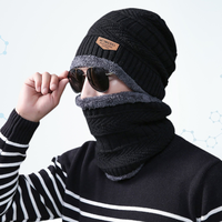 Winter Hat Headgear Bib Suit Tide Autumn Winter Men and Women Thickening Wool Knit Hat Scarf Suit(Black)