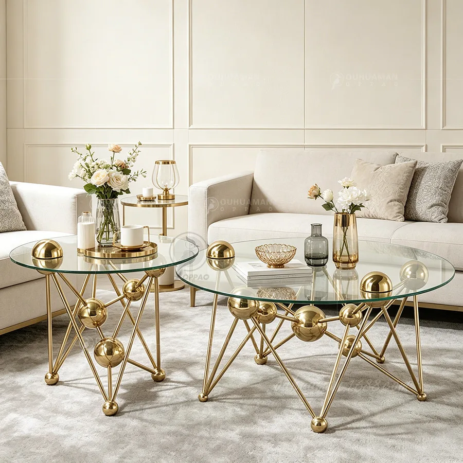 YJQ1 light luxury stainless steel glass round coffee table metal spherical modern living room shop coffee tea table