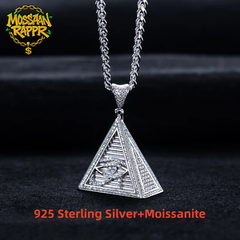 MossanRappr 0.8cttw Moissanite Egyptian Pyramid Eye Of Horus Pendant Hip Hop Necklace 925 Sterling Silver Trendy Jewelry for Men