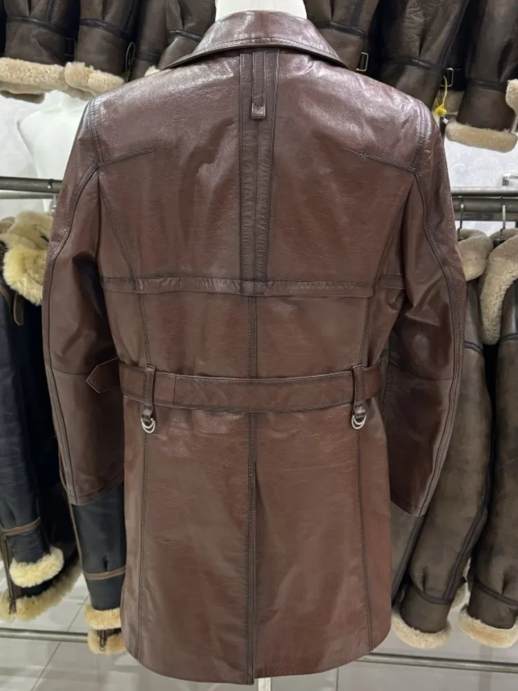 Business Casual Style Long Sleeves Sashes Genuine Leather Jacket Male Single-Breasted Solid Color Cowhide Pocket Lapel Coat