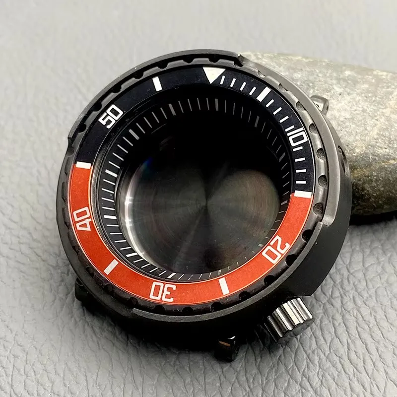 47mm Black Tuna Canned Watch Case with Sapphire Crystal Glass Fits NH35 NH36 4R 7S Movement 20ATM Waterproof Divers Cases OEM