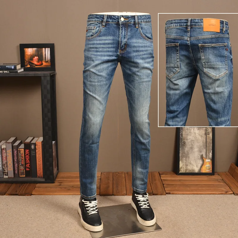 Vintage Jeans Men's Fashion Street Slim Fit Skinny Elastic Trend Nostalgic High-End All-Match Casual Men's Trousers
