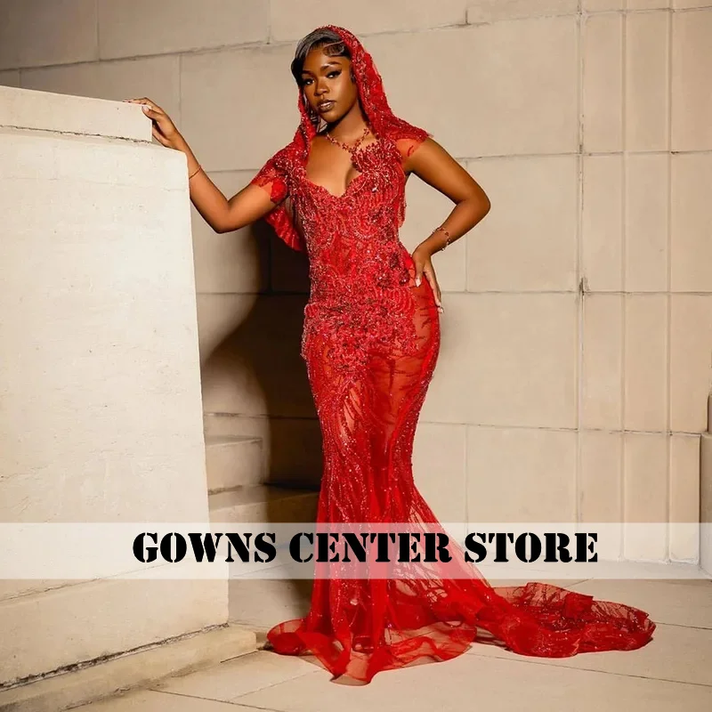 Sexy See Through Red Prom Dresses With Scarf Luxury Rhinestone Mermaid Party Gowns Crystal Vestidos De Gala Cutsomized