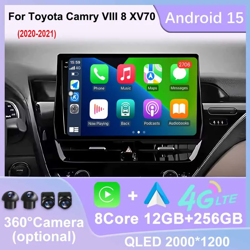 Car Radio Android 15 Carplay Auto For Toyota Camry VIII 8 XV70 2020-2021 Multimedia Video Player Navigation GPS Stereo WIFI 4G