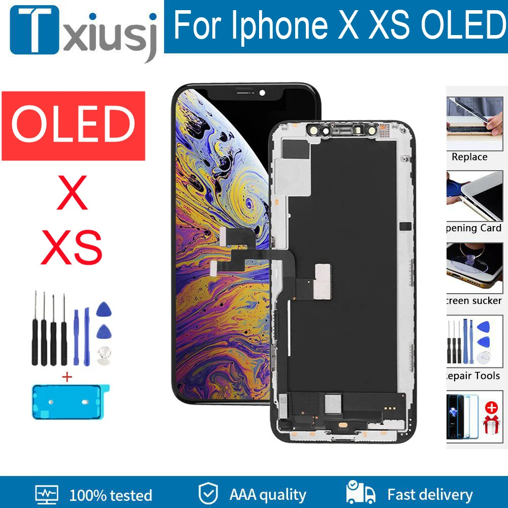 Conjunto de digitalizador de tela de toque com display LCD OLED 100% testado para iPhone X/XS - Kit de reparo completo