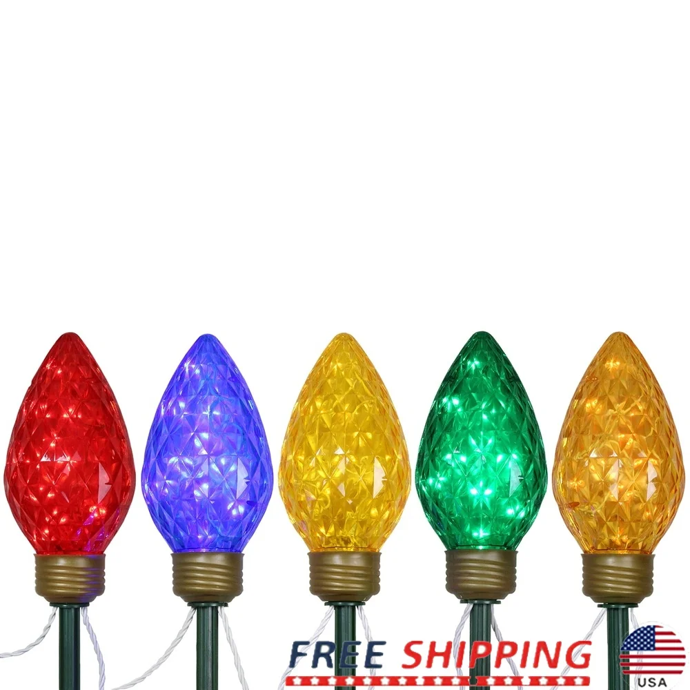 

Set of 5 LED Jumbo C9 Bulb Christmas Pathway Lights Lawn Stakes Outdoor Decoration Multi Color