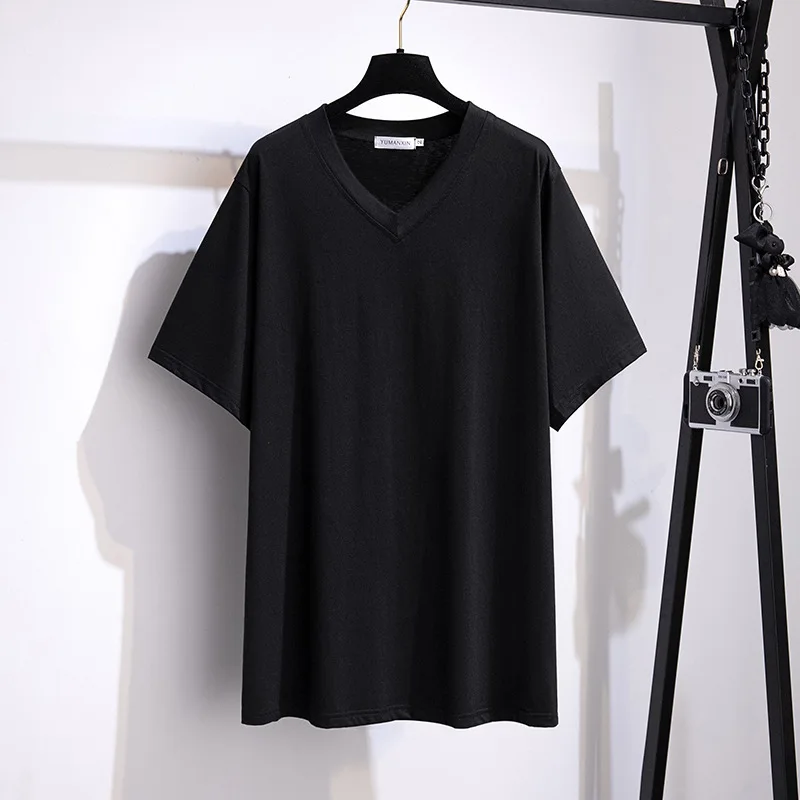 175Kg 7XL Plus Size Women\'s Bust 170 Summer Loose Solid Short-Sleeved V-Neck T-Shirt 2XL 3XL 4XL 5XL 6XL 7XL 6Colors