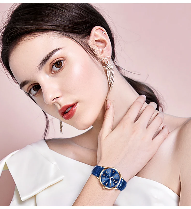 Mini reloj azul para mujer y niña, pulsera de acero inoxidable o cuero, movimiento de cuarzo, a la moda, precio barato