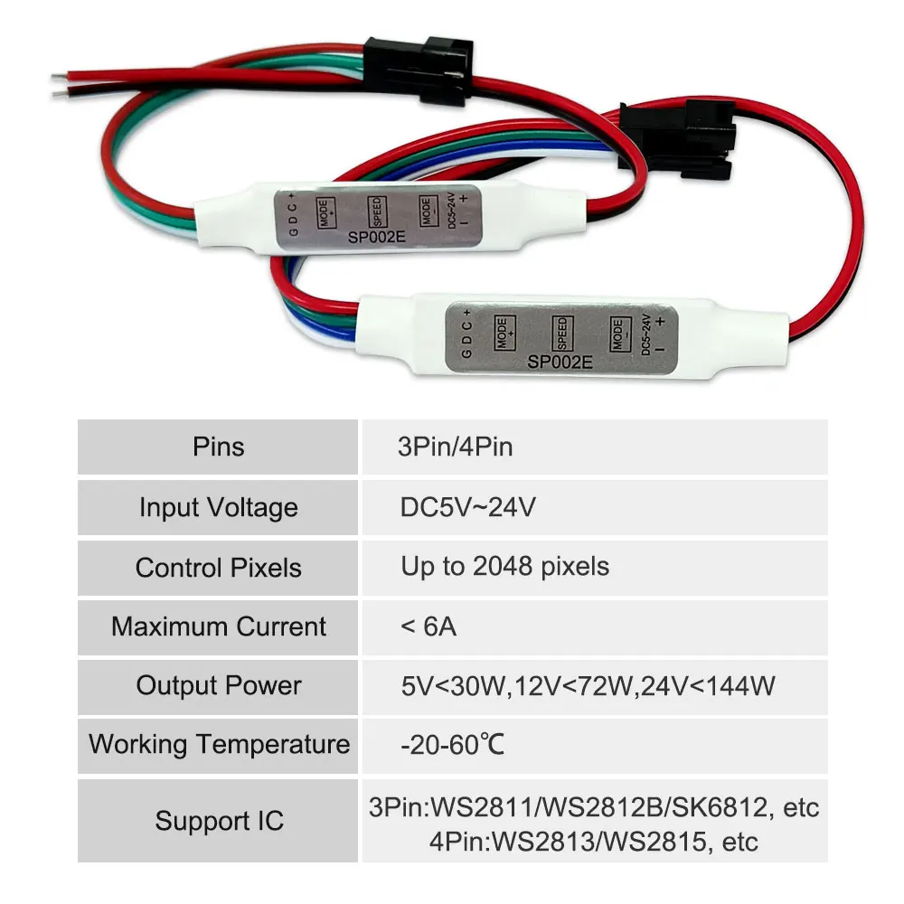 SP002E Mini 3-Key 3PIN/4PIN LED Controller DC5V-24V for RGBIC WS2811 WS2812 WS2813 WS2815 Individually Addressable LED Strip