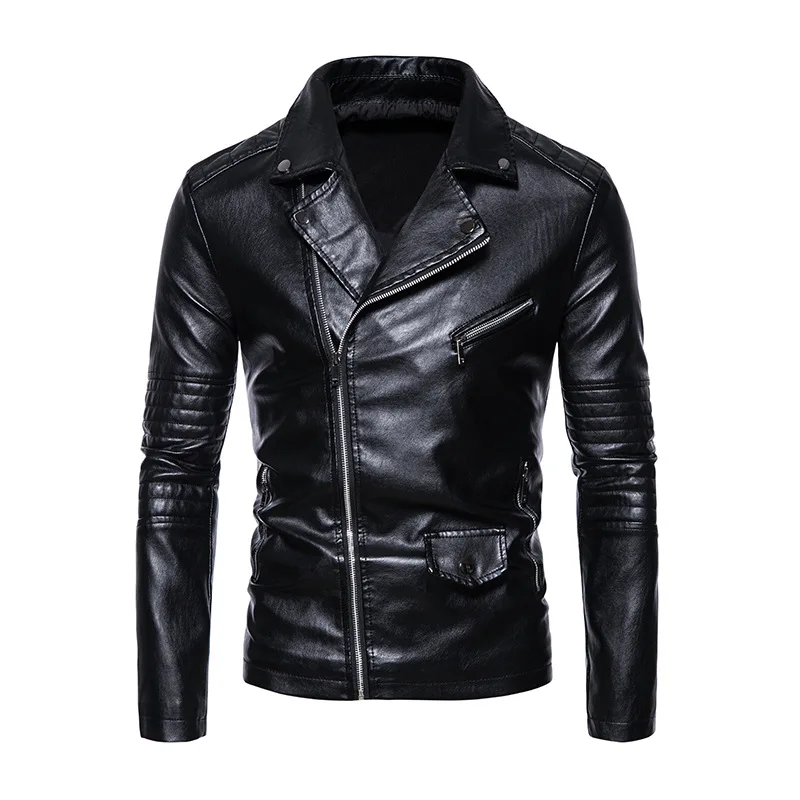 2025 Korean version New Fashion Men's Turn-down Collar Asymmetrical Zipper Casual Trendy Simple Basic Loose Faux Leather Coats