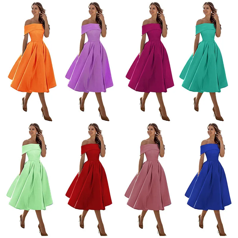 A Line Satin Ruched Knee Length Boat  Neck Bridesmaid Dresses Wedding Party Prom Birthday Evening Cocktail Lace Up Back