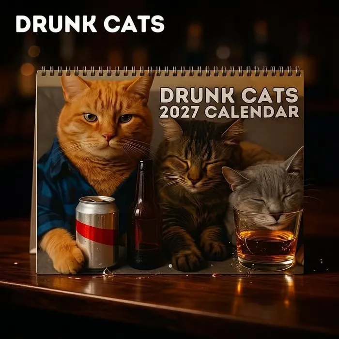 2027 Cat Wall Calendar Funny Drunk Cat Monthly Planner Jan Dec Schedule Organizer Coil Binding Home Decor Gift for Cat Lovers