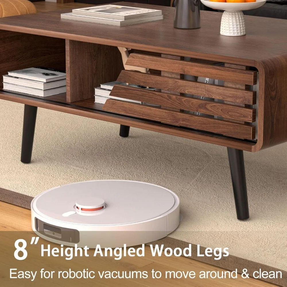 Modern Coffee Table, Coffee Table for Living Room, 39.4 Fluted Design with Sliding Door Storage & Open Shelves