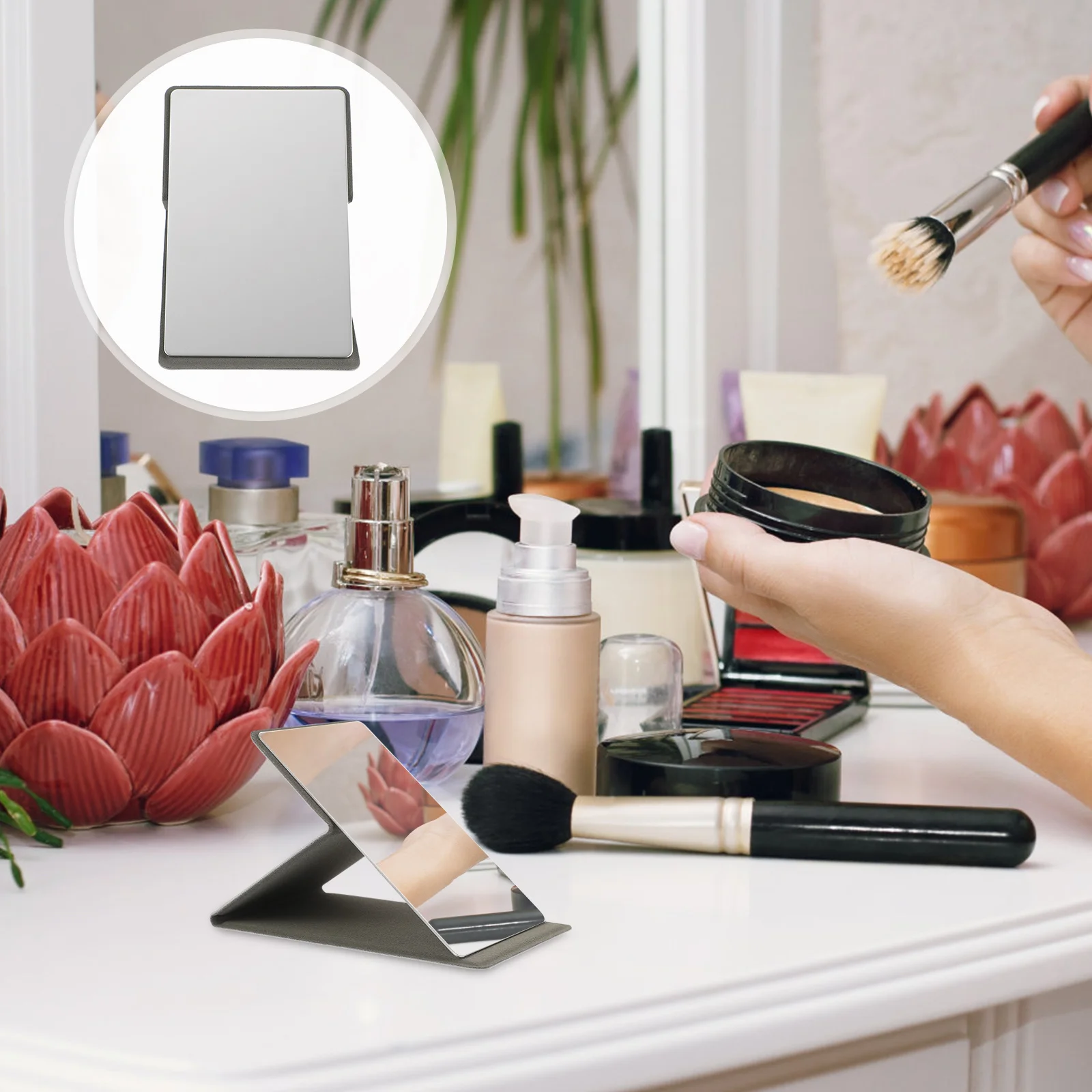 

1Set Portable Makeup Mirror Stainless Steel with PU Cover Foldable Design Compact Metal Mirror for Business Trip Outdoor Use