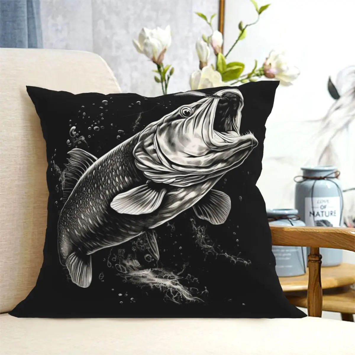 Fishing Lover Pike Fish Design Square Pillowcase Cushion Cover Pillow Case Throw Pillow Cover for Home Bedroom Car