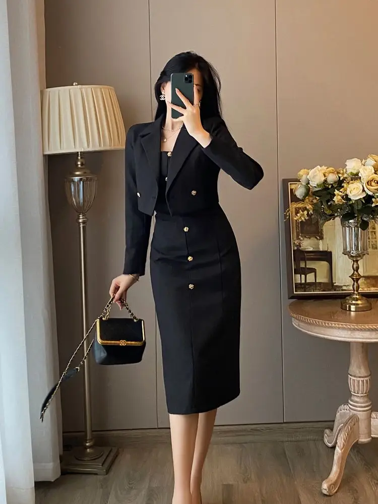 New High End Autumn Small Fragrance Women's Suit Fashion Long Sleeve Short Blazer Coat + Wrapped Hip Sling Dress Two Piece Set