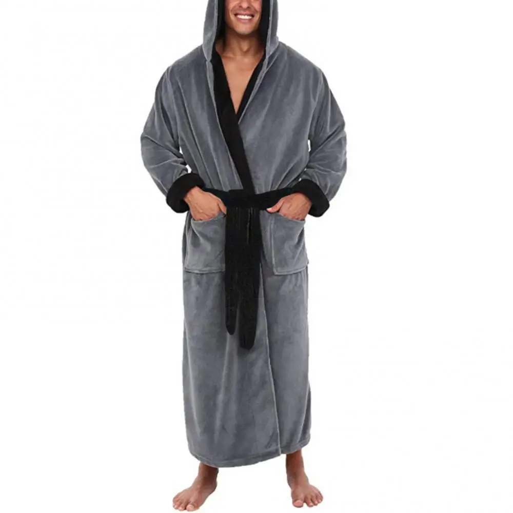 Men Bathrobe Pockets Sleepwear Soft Men Coral Fleece Color Block Long Bath Robe Home Gown Autumn Winter Plush Bathrobe Sleepwear