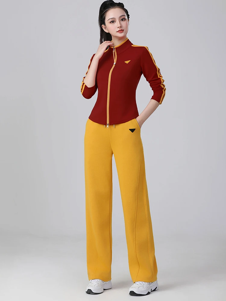 Slimming Fitness Dance Outfit Zipper Long Sleeve Stand Collar Two-Piece Set for Women over 35 Years Old Spring 
