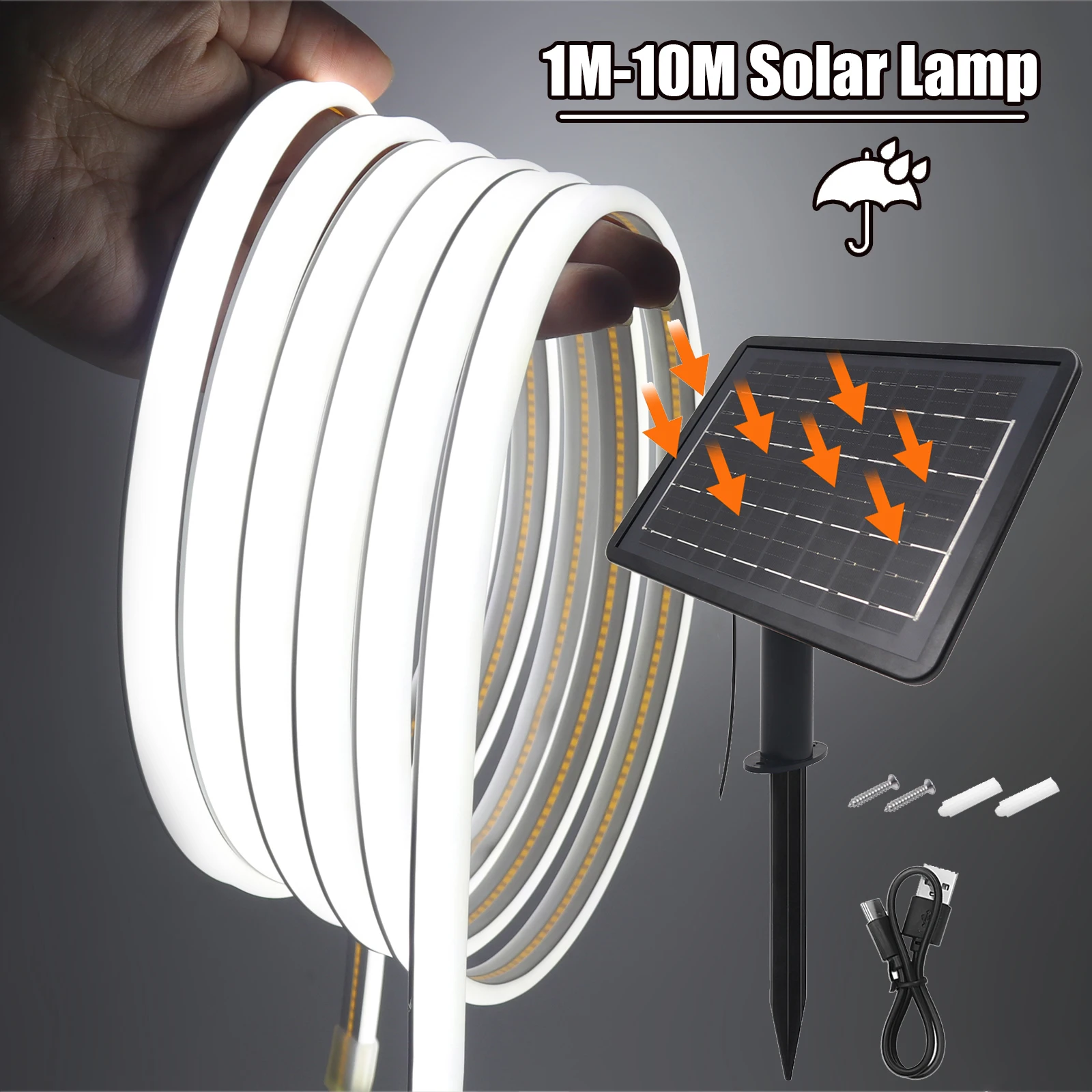 Solar Powered COB Neon Strip 24V 320Leds/M 3000K 4000K 6000K IP67 Waterproof Outdoor Garden Decor Flexible Ribbon Rope LED Light