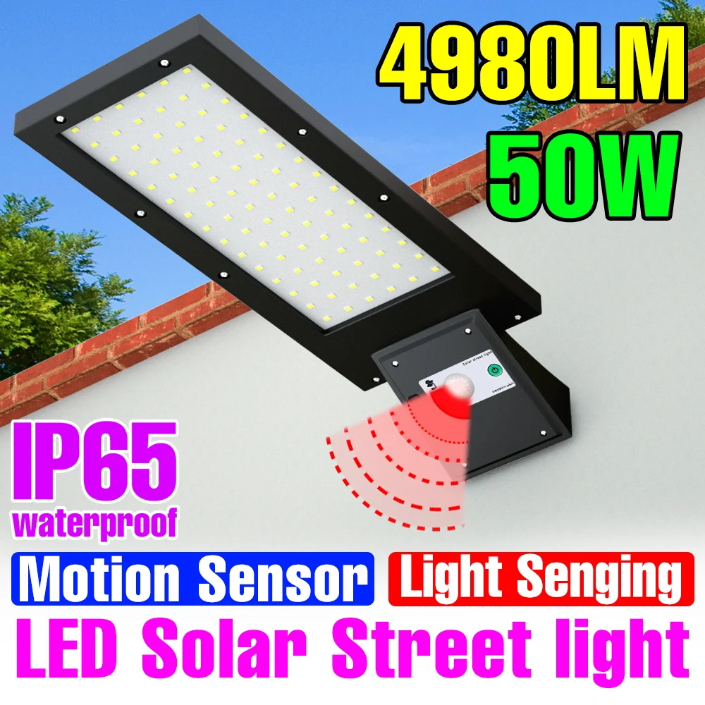 

50 Вт светодиодный солнечный уличный фонарь, уличные водонепроницаемые прожекторы с датчиком движения PIR, внешний настенный светильник, садовое освещение, холодный/теплый белый