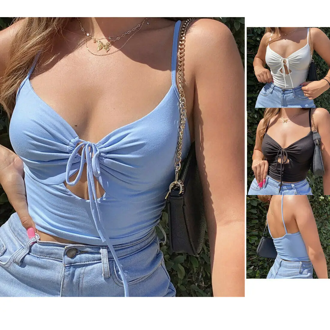 Lace Up Camouflage Navel Top Spaghetti Strap Vest Backless Top Hollowed Out Top Short Suspender  Spicy Girl Outfit Fashionable