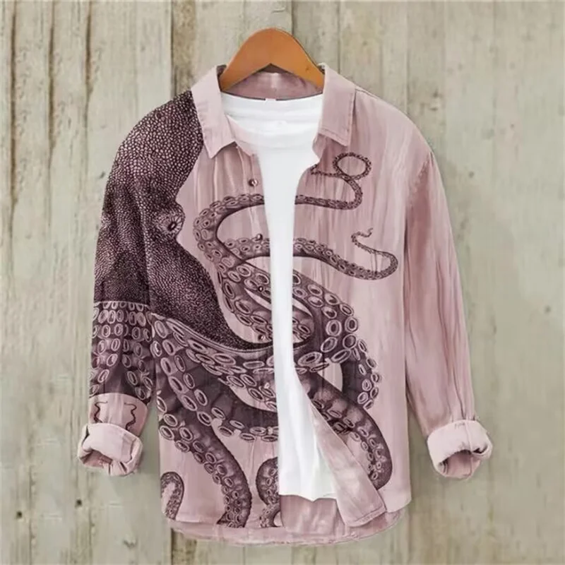 Henry Shirt - Men's Short Sleeve Tops, Casual T-Shirts for Summer 2024, Octopus Graphic Print, Fashion Clothing, S-5XL