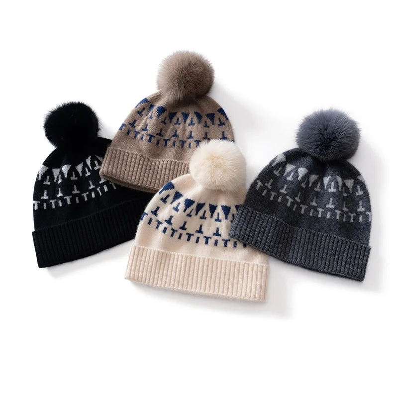 Winter New High-Quality 100% Cashmere Knitted Jacquard Striped Cashmere Hat Fur Ball Hat Padded leisure Cashmere Warm Hat