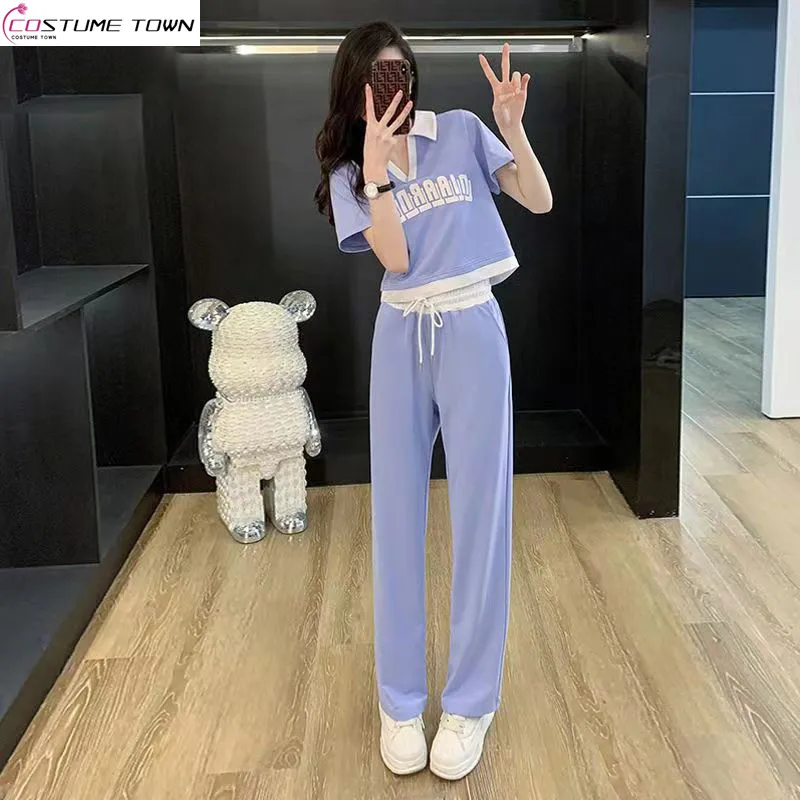 

Spring and summer new short sleeved casual suit women's summer thin wide leg pants fashionable two-piece set