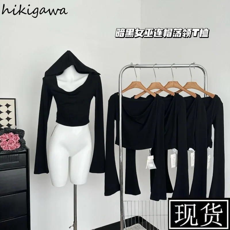 Harajuku Black Tshirts for Women Crop Tops 2024 Shirts for Women Hooded Long Sleeve Tees Fashion Casual Sexy Y2k T Shirt 27u851