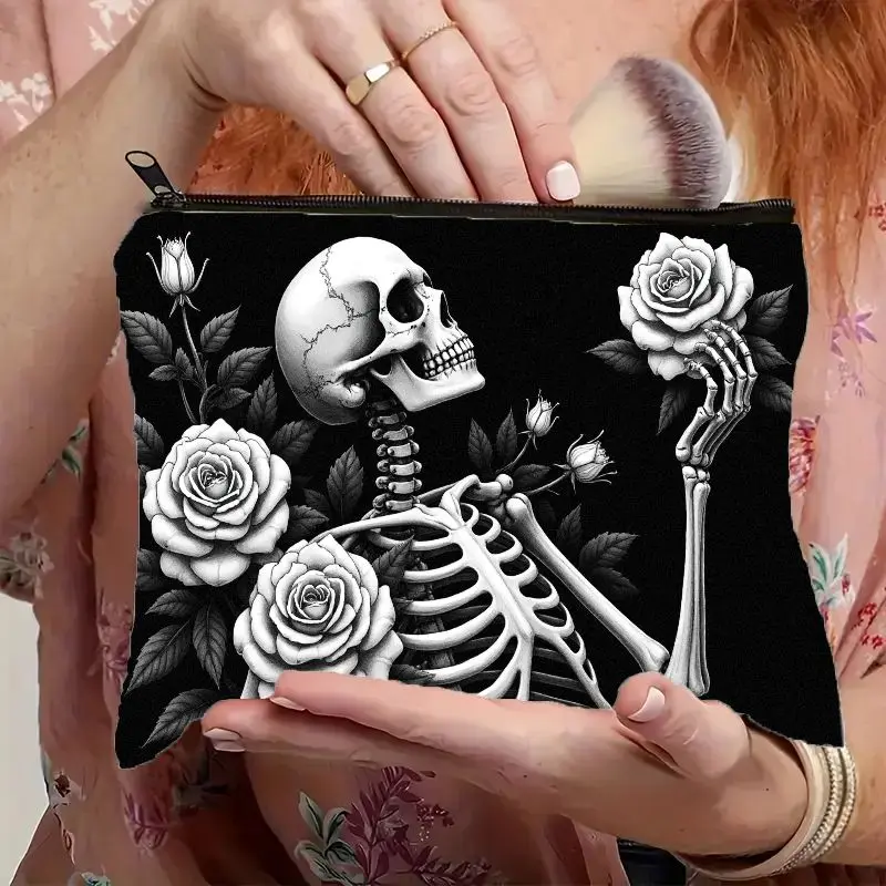 Gothic Skeleton & Rose Print Makeup Bag with Zipper Closure - Dark Academia Toiletry Pouch Suitable for Travel & Daily Use