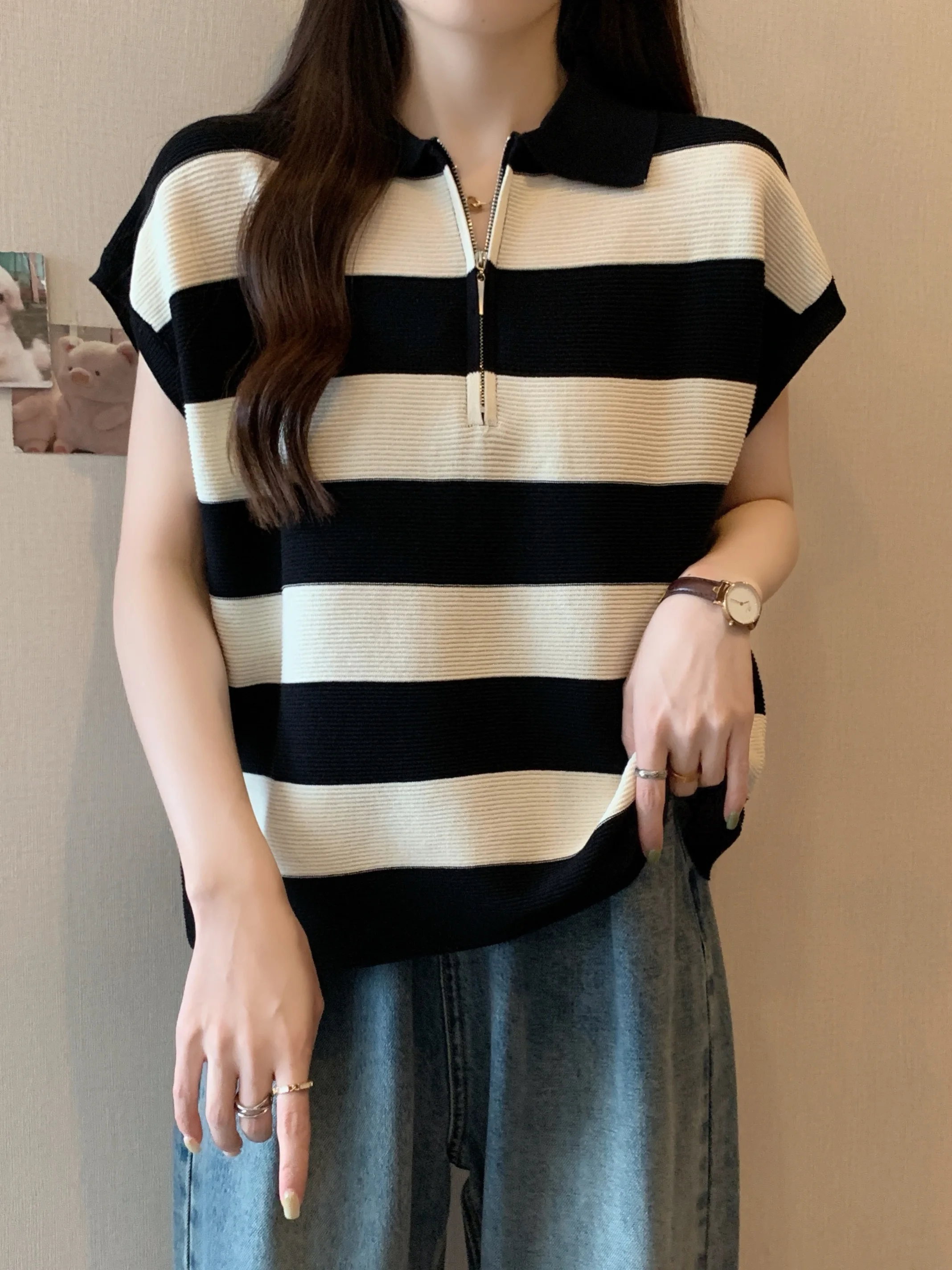 

Loose Fit Ice Silk T-Shirt Women's Summer New Style plus Size Korean Style Half Zipper Shirt Shoulder Stripe Short Sleeve