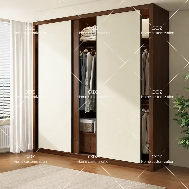Simple Sliding Door Wardrobe Walnut Oak Solid Wood Cabinet 60cm Deep Floor to Ceiling Bedroom Storage Closet 2026 New Design