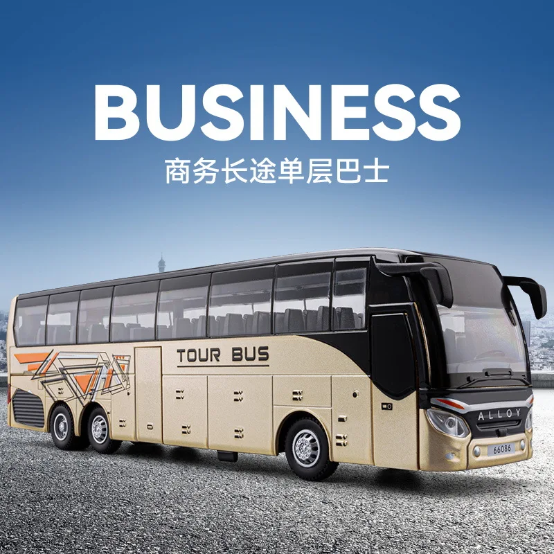 1:30 Business long-distance single decker tour bus Alloy Car Model Sound and Light Pull Back kids Toy Collectibles Birthday gift